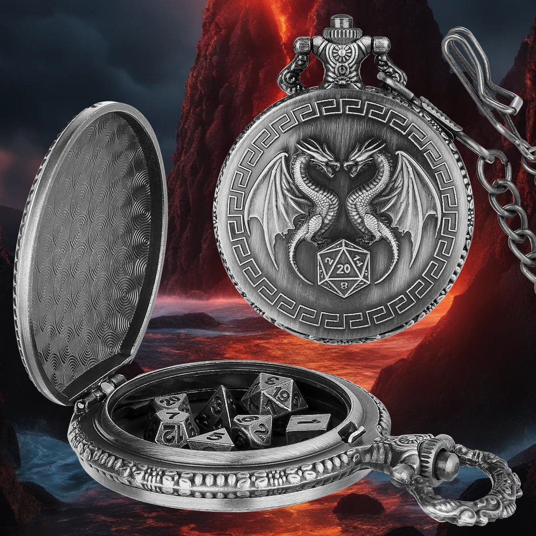 WorldNorse Double Dragon Polyhedral Dice Waist Chain - Pocket Watch Case + Chain + Dice - Silver - image 8