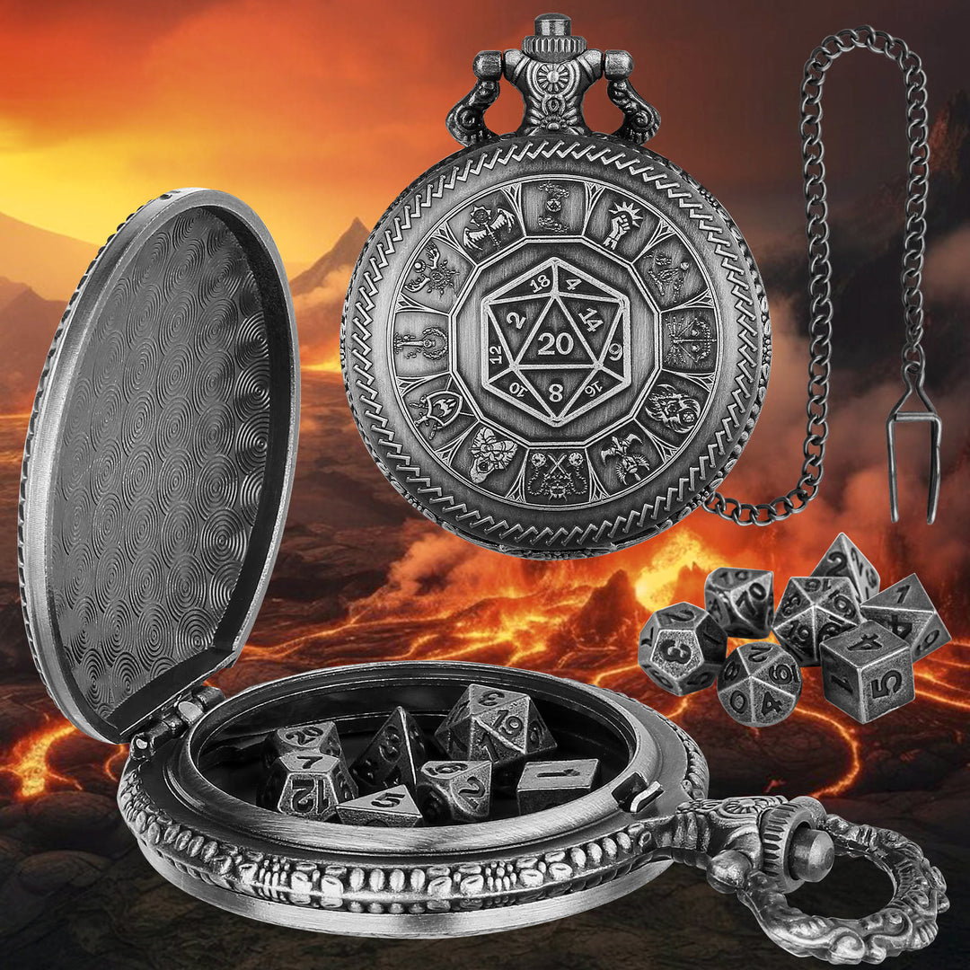 WorldNorse Geometric Mini Dice Set Waist Chain - Pocket Watch Case + Chain + Dice - Silver - image 6
