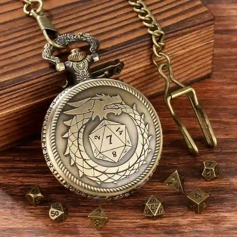 WorldNorse Bronze Dragon Mini Dice Waist Chain - Pocket Watch Case + Chain + Dice - Gold - image 0