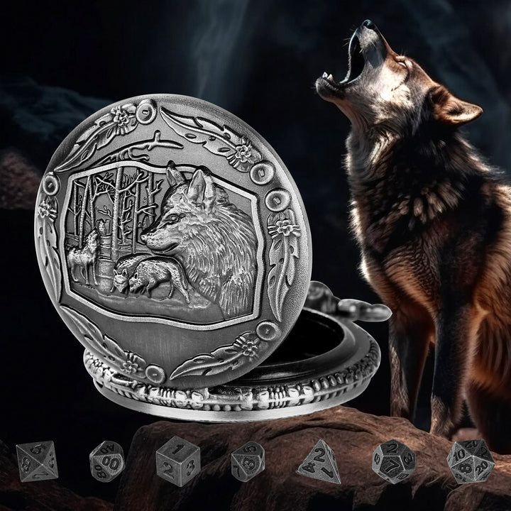 WorldNorse Embossed Wolves Dice Case Set Waist Chain - Pocket Watch Case + Chain + Dice - Silver - image 5