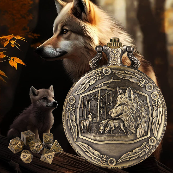 WorldNorse Embossed Wolves Dice Case Set Waist Chain - Pocket Watch Case + Chain + Dice - Gold - image 0