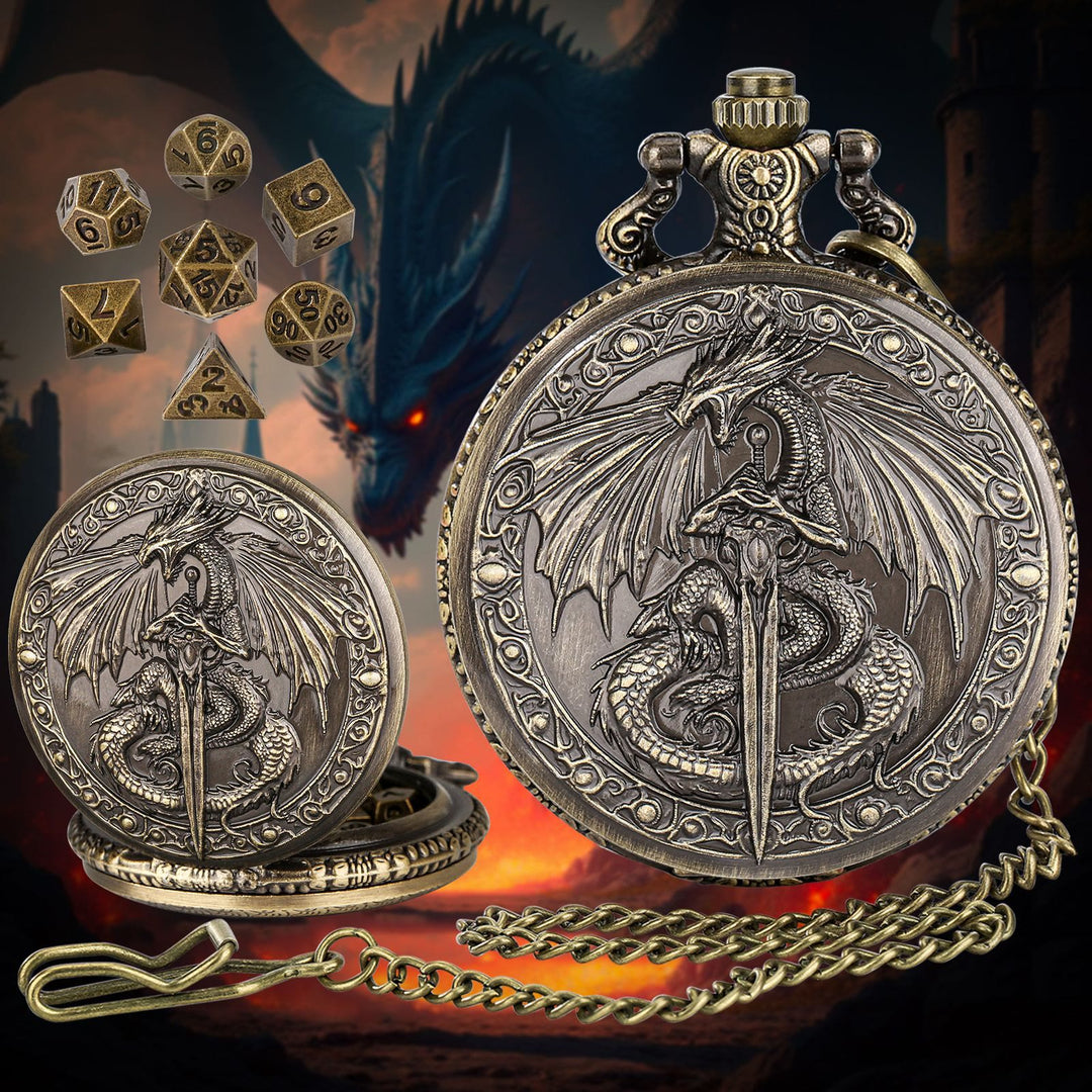 WorldNorse Sword Dragon Case Dice Waist Chain - Pocket Watch Case + Chain + Dice - Gold - image 0