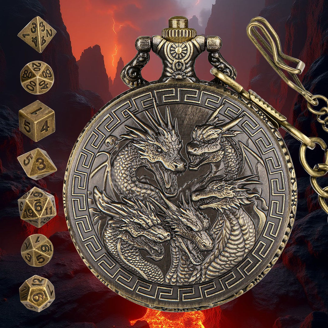 WorldNorse Viking Dragon Engraved Dice Waist Chain - Pocket Watch Case + Chain + Dice - Gold - image 1