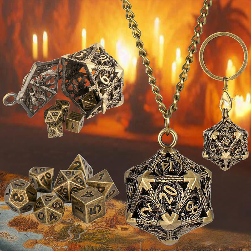 WorldNorse Twenty Sides Hollow Dice Necklace / Waist Chain / Keychain - Keychain + Necklace - Gold - image 0