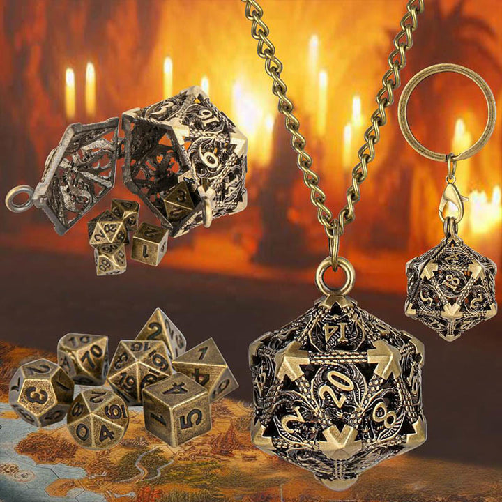 WorldNorse Twenty Sides Hollow Dice Necklace / Waist Chain / Keychain - Keychain + Necklace - Gold - image 0