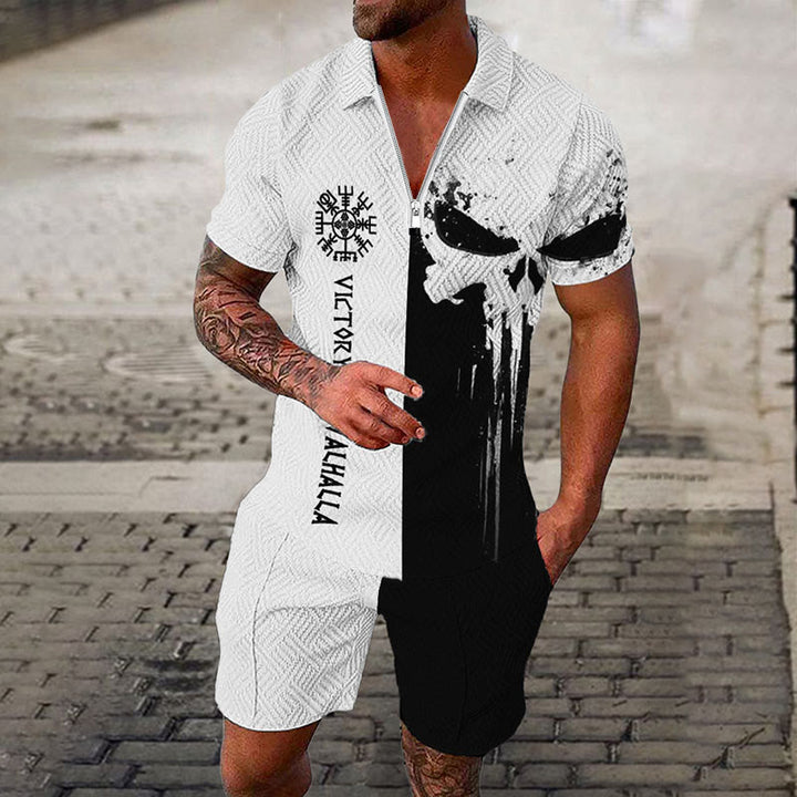 WorldNorse Vegvisir Victory Or Valhalla Skull Polo Shirt & Shorts Co-Ord Set