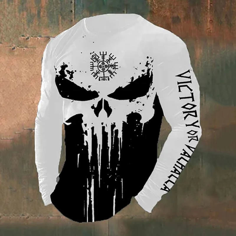 WorldNorse Victory Or Valhalla Skull Vegvisir Long T-shirt - White - US/UK/AU50，EU60 (5XL) - image 1