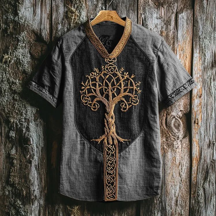 WorldNorse Viking Retro Yggdrasil Celtic Knot Linen V-neck T Shirt - Dark Grey - US/UK/AU50，EU60 (5XL) - image 5