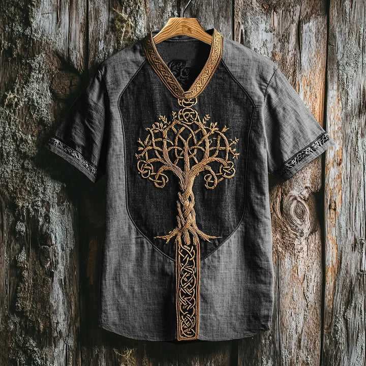 WorldNorse Viking Retro Yggdrasil Celtic Knot Linen V-neck T Shirt - Dark Grey - US/UK/AU50，EU60 (5XL) - image 5