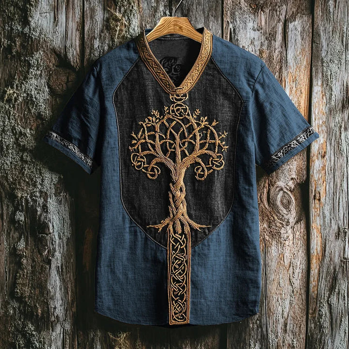 WorldNorse Viking Retro Yggdrasil Celtic Knot Linen V-neck T Shirt - Blue - US/UK/AU50，EU60 (5XL) - image 4