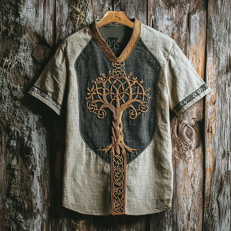 WorldNorse Viking Retro Yggdrasil Celtic Knot Linen V-neck T Shirt - Green - US/UK/AU50，EU60 (5XL) - image 1