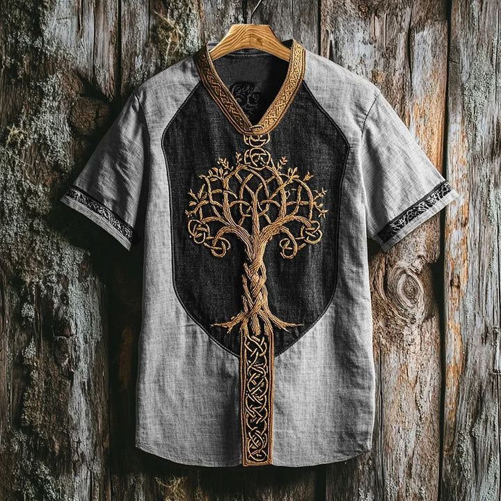 WorldNorse Viking Retro Yggdrasil Celtic Knot Linen V-neck T Shirt - Grey - US/UK/AU50，EU60 (5XL) - image 3