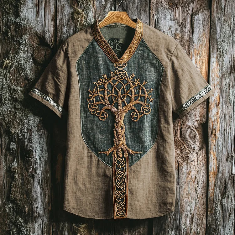 WorldNorse Viking Retro Yggdrasil Celtic Knot Linen V-neck T Shirt - Khaki - US/UK/AU50，EU60 (5XL) - image 2