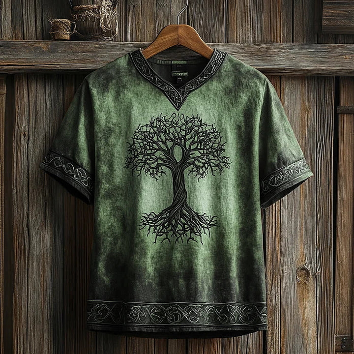 WorldNorse Celtic Knot Tree Of Life Printed Linen V-neck T Shirt - Green - US/UK/AU50，EU60 (5XL) - image 4