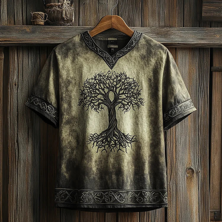 WorldNorse Celtic Knot Tree Of Life Printed Linen V-neck T Shirt - Khaki - US/UK/AU50，EU60 (5XL) - image 3
