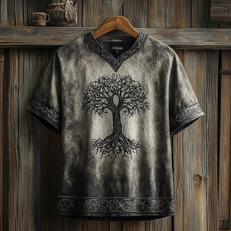 WorldNorse Celtic Knot Tree Of Life Printed Linen V-neck T Shirt - Grey - US/UK/AU50，EU60 (5XL) - image 1