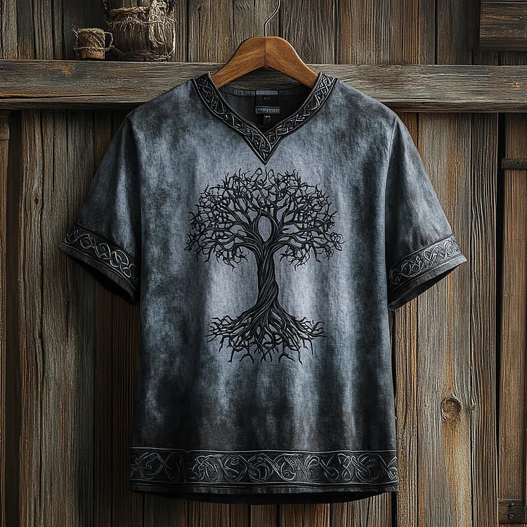 WorldNorse Celtic Knot Tree Of Life Printed Linen V-neck T Shirt - Blue - US/UK/AU50，EU60 (5XL) - image 2