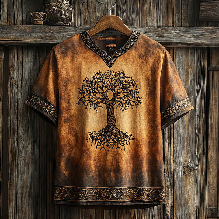WorldNorse Celtic Knot Tree Of Life Printed Linen V-neck T Shirt - Brown - US/UK/AU50，EU60 (5XL) - image 5