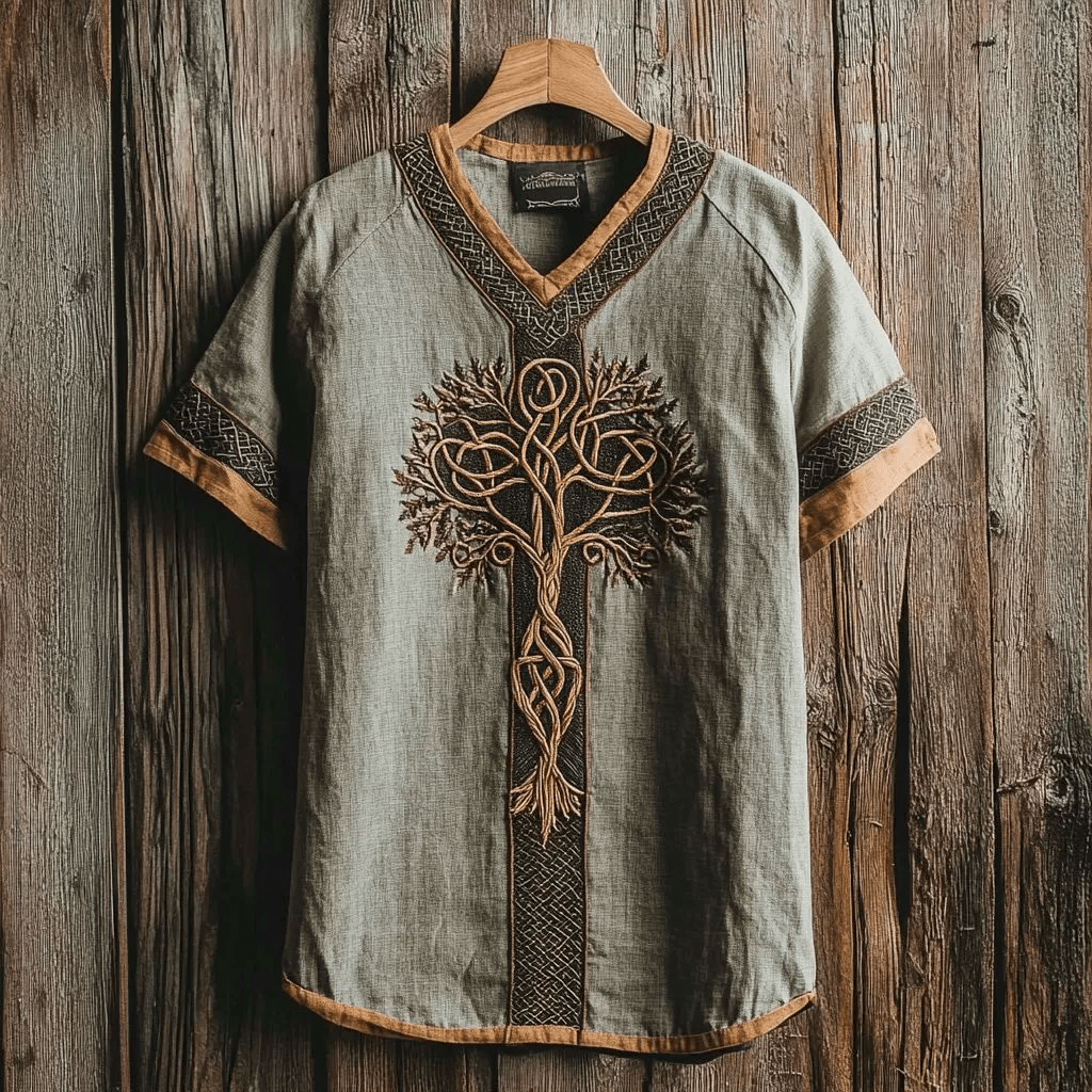 WorldNorse Viking Vintage Gold Tree Of Life Linen V-neck T Shirt - US/UK/AU50，EU60 (5XL) - image 1