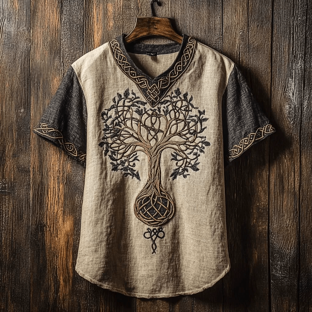 WorldNorse Men's Yggdrasil Totem Linen V-neck T Shirt - US/UK/AU50，EU60 (5XL) - image 1