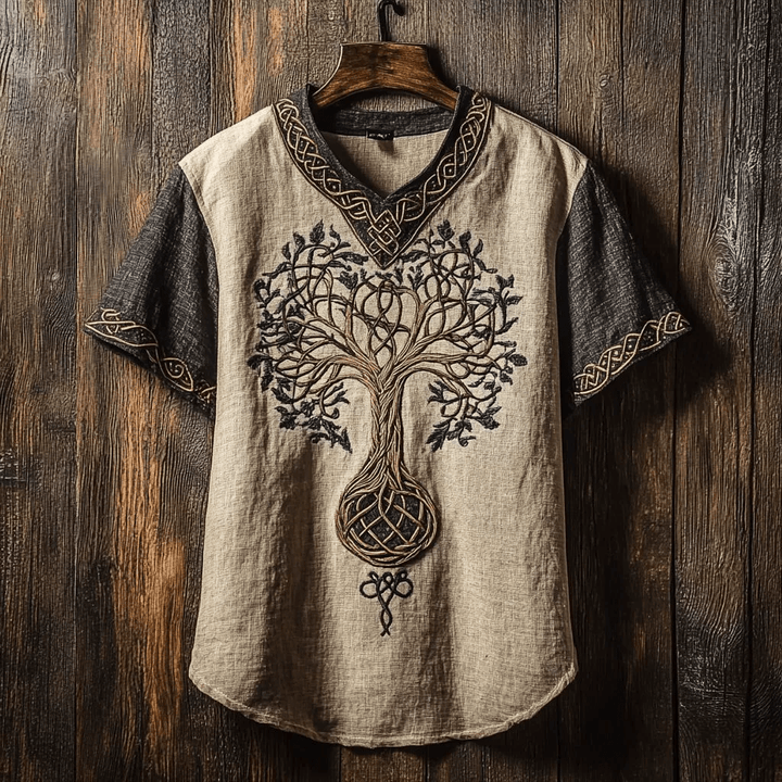 WorldNorse Men's Yggdrasil Totem Linen V-neck T Shirt - US/UK/AU50，EU60 (5XL) - image 1