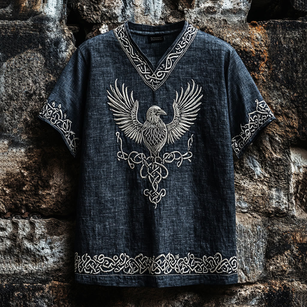 WorldNorse Viking Mythology Raven Celtic Knot Linen V-neck T Shirt - US/UK/AU50，EU60 (5XL) - image 1