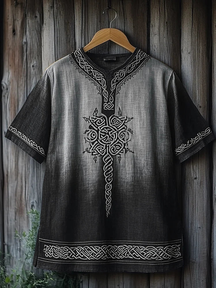 WorldNorse Viking Celtic Knot Printed Gradient Linen V-neck T Shirt - Grey & Black - US/UK/AU50，EU60 (5XL) - image 2