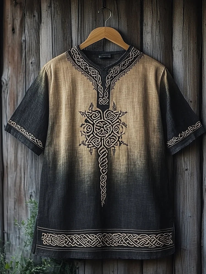 WorldNorse Viking Celtic Knot Printed Gradient Linen V-neck T Shirt - Khaki & Black - US/UK/AU50，EU60 (5XL) - image 3