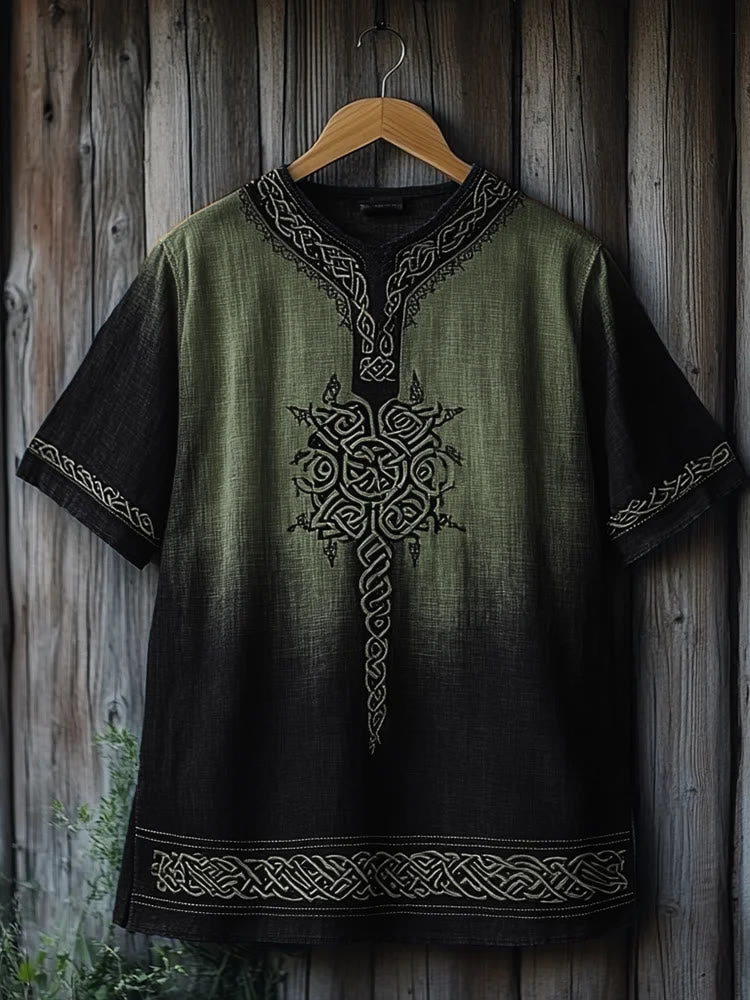 WorldNorse Viking Celtic Knot Printed Gradient Linen V-neck T Shirt - Green & Black - US/UK/AU50，EU60 (5XL) - image 4