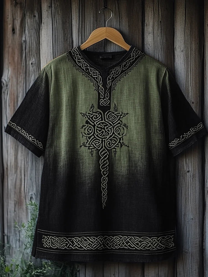 WorldNorse Viking Celtic Knot Printed Gradient Linen V-neck T Shirt - Green & Black - US/UK/AU50，EU60 (5XL) - image 4