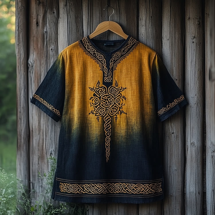 WorldNorse Viking Celtic Knot Printed Gradient Linen V-neck T Shirt - Blue & Yellow - US/UK/AU50，EU60 (5XL) - image 1