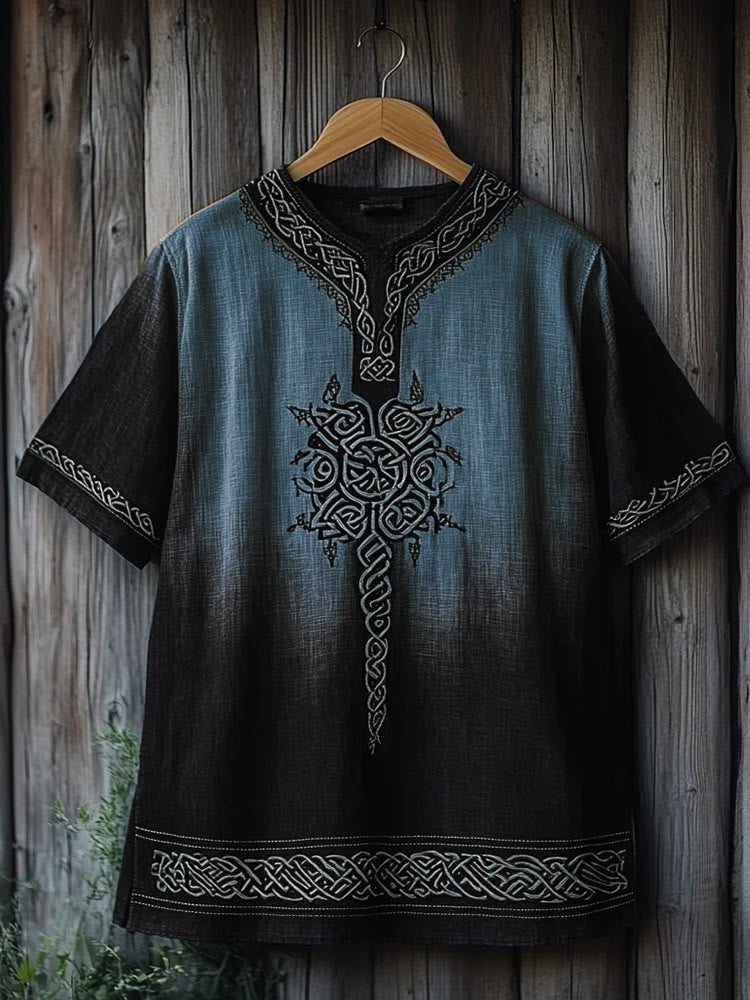WorldNorse Viking Celtic Knot Printed Gradient Linen V-neck T Shirt - Blue & Black - US/UK/AU50，EU60 (5XL) - image 5