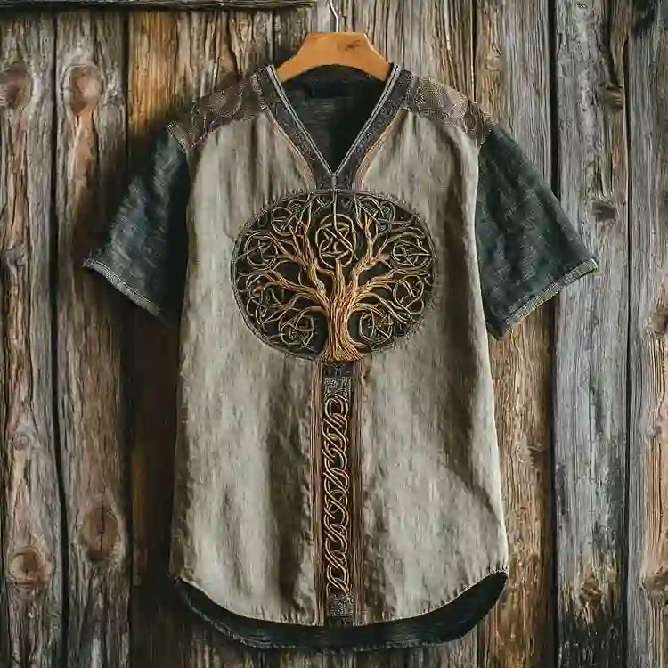 WorldNorse Gold Lush Tree Of Life Linen V-neck T Shirt - US/UK/AU50，EU60 (5XL) - image 1