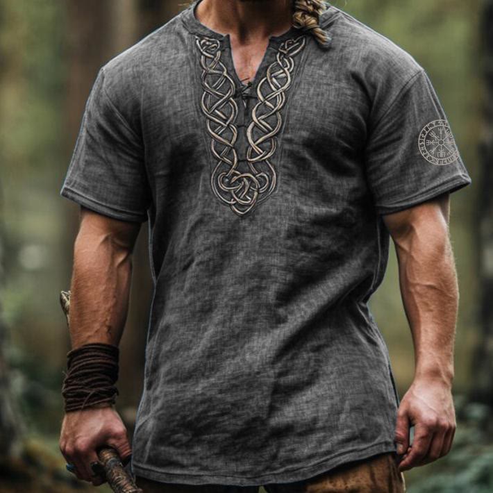WorldNorse Viking Vintage Vegvisir Celtic Knot Linen V-neck Shirt - Grey - US/UK/AU50，EU60 (5XL) - image 2