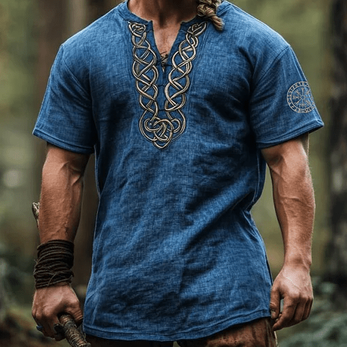 WorldNorse Viking Vintage Vegvisir Celtic Knot Linen V-neck Shirt - Blue - US/UK/AU50，EU60 (5XL) - image 1