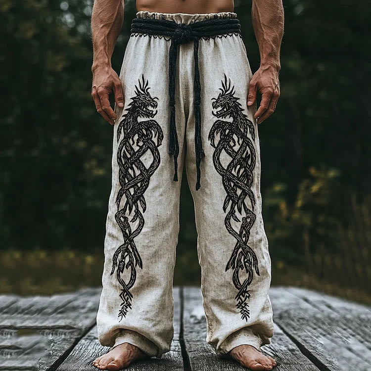 WorldNorse Viking Tribal Norse Dragon Linen Pants - US/UK/AU50，EU60 (5XL) - image 1