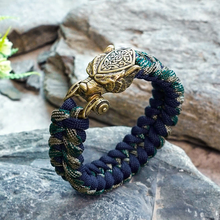 WorldNorse Viking Leopard Shield Paracord Braided Bracelet - Blue & Green - Inner Circumference: 24cm (Full Length 28cm) - image 0