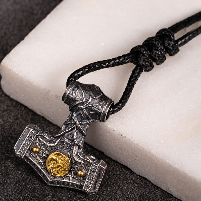 WorldNorse 925 Sterling Silver Mjolnir Norse Beast Emblem Necklace - With Wax Rope - image 1