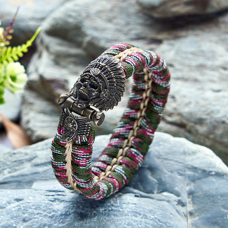 WorldNorse Vintage Tribal Cacique Skull Paracord Braided Bracelet - Red & Green - Inner Circumference: 24cm (Full Length 28cm) - image 0