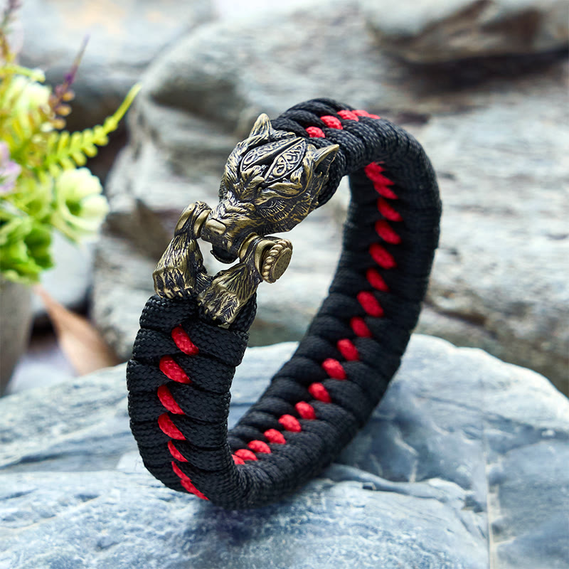 WorldNorse Viking Warrior Wolf Paracord Braided Bracelet - Black & Red - Inner Circumference: 24cm (Full Length 28cm) - image 0