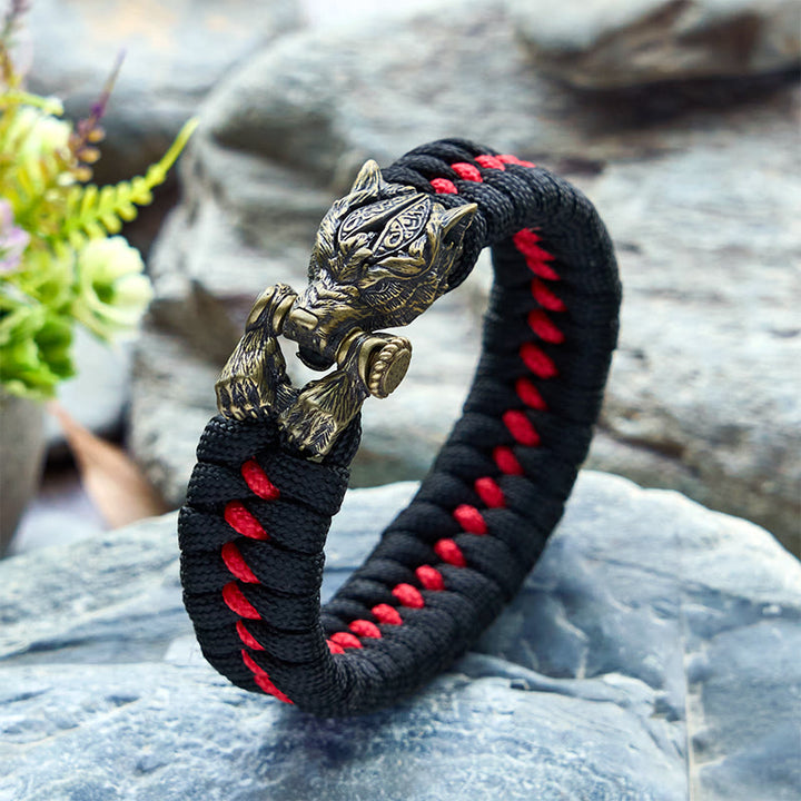 WorldNorse Viking Warrior Wolf Paracord Braided Bracelet - Black & Red - Inner Circumference: 24cm (Full Length 28cm) - image 0