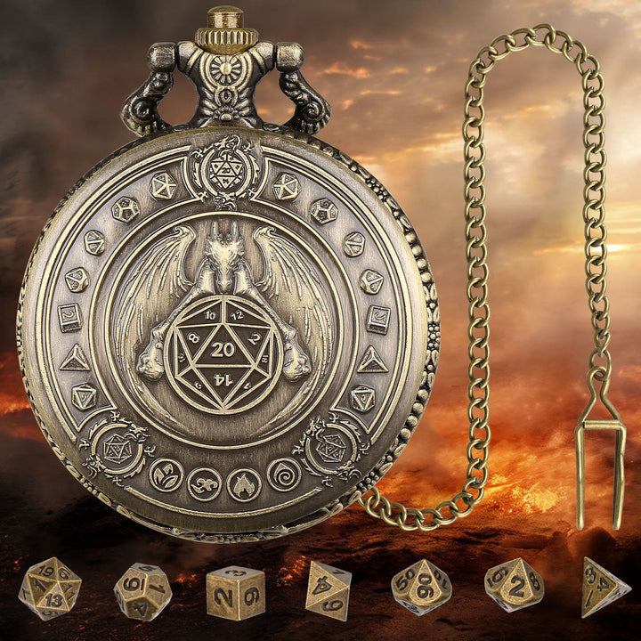 WorldNorse Norse Dragon Polyhedral Dice Set Waist Chain - Pocket Watch Case + Chain + Dice - Gold - image 0