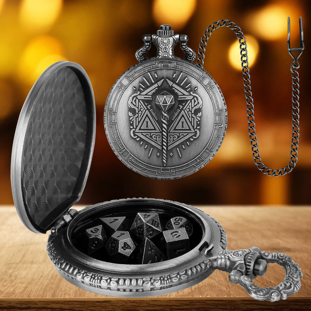 WorldNorse Magic Wand Multidimensional Dice Set Waist Chain - Pocket Watch Case + Chain + Dice - Silver - image 6