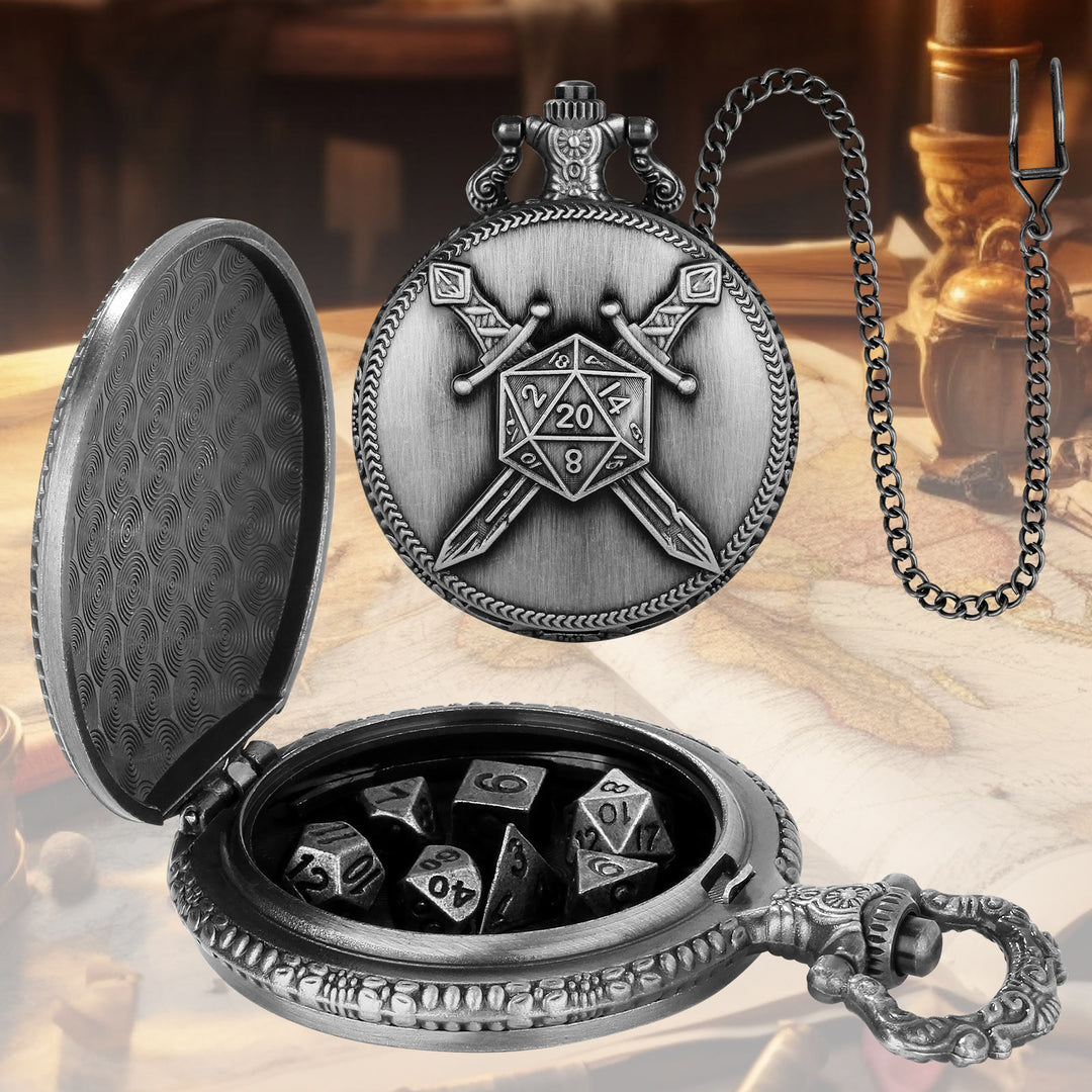 WorldNorse Dual Swords Polyhedral Dice Waist Chain - Pocket Watch Case + Chain + Dice - Silver - image 7