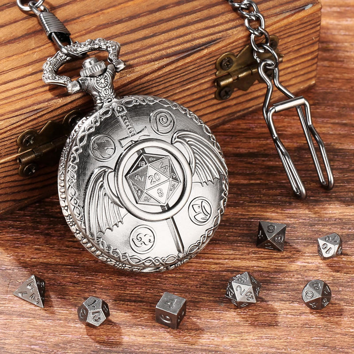 WorldNorse Sword Wings Polyhedral Dice Waist Chain - Pocket Watch Case + Chain + Dice - Silver - image 6