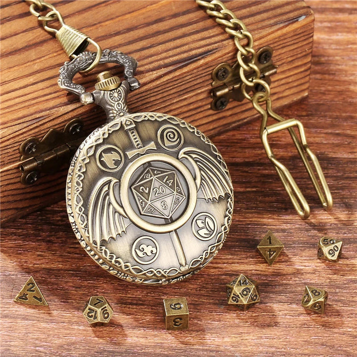 WorldNorse Sword Wings Polyhedral Dice Waist Chain - Pocket Watch Case + Chain + Dice - Gold - image 0