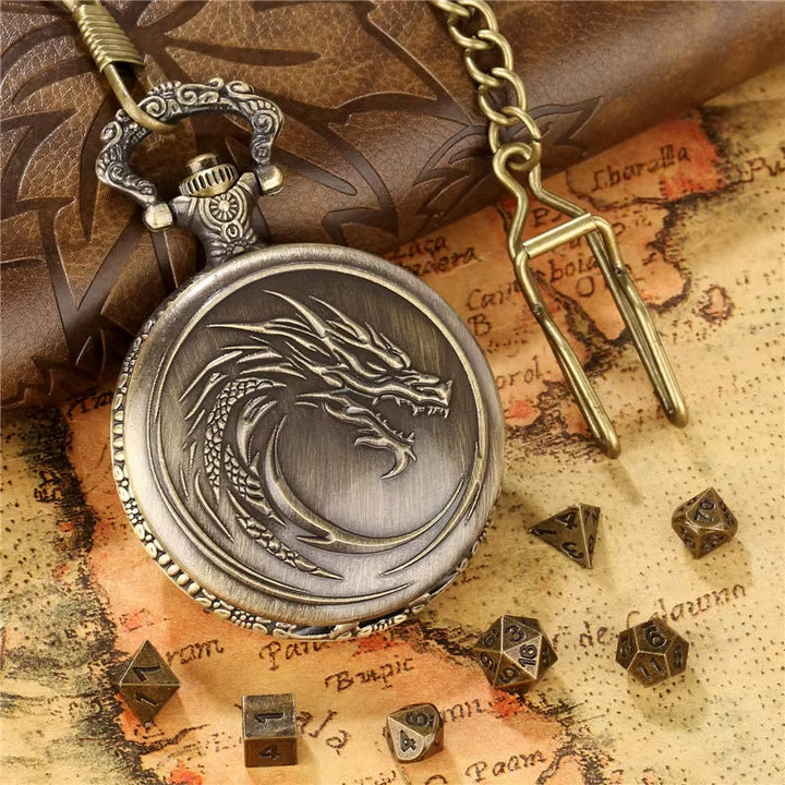WorldNorse Norse Dragon Pattern Dice Set Waist Chain - Pocket Watch Case + Chain + Dice - Gold - image 1