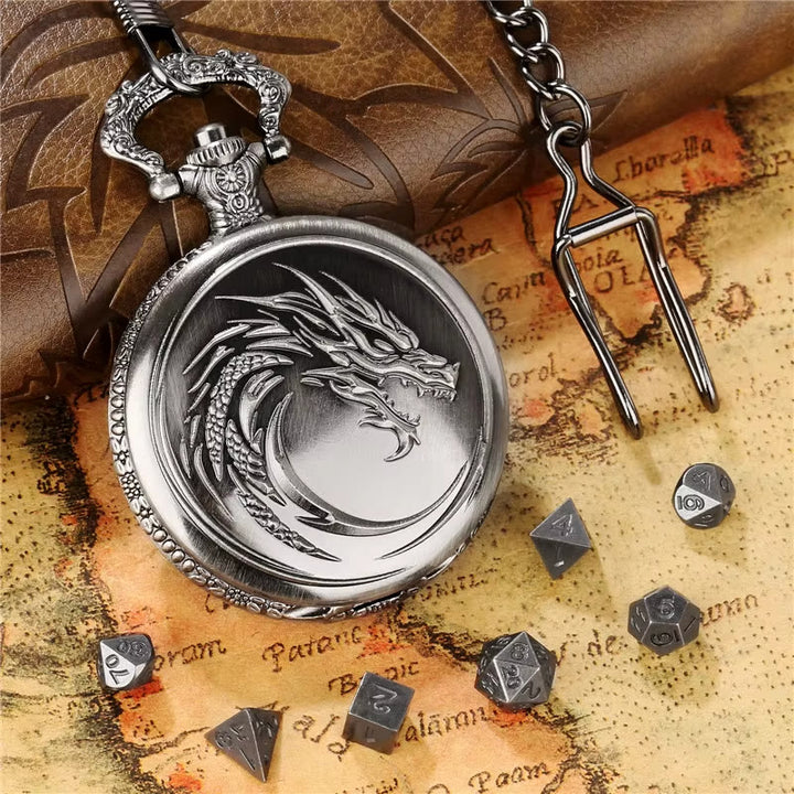 WorldNorse Norse Dragon Pattern Dice Set Waist Chain - Pocket Watch Case + Chain + Dice - Silver - image 5