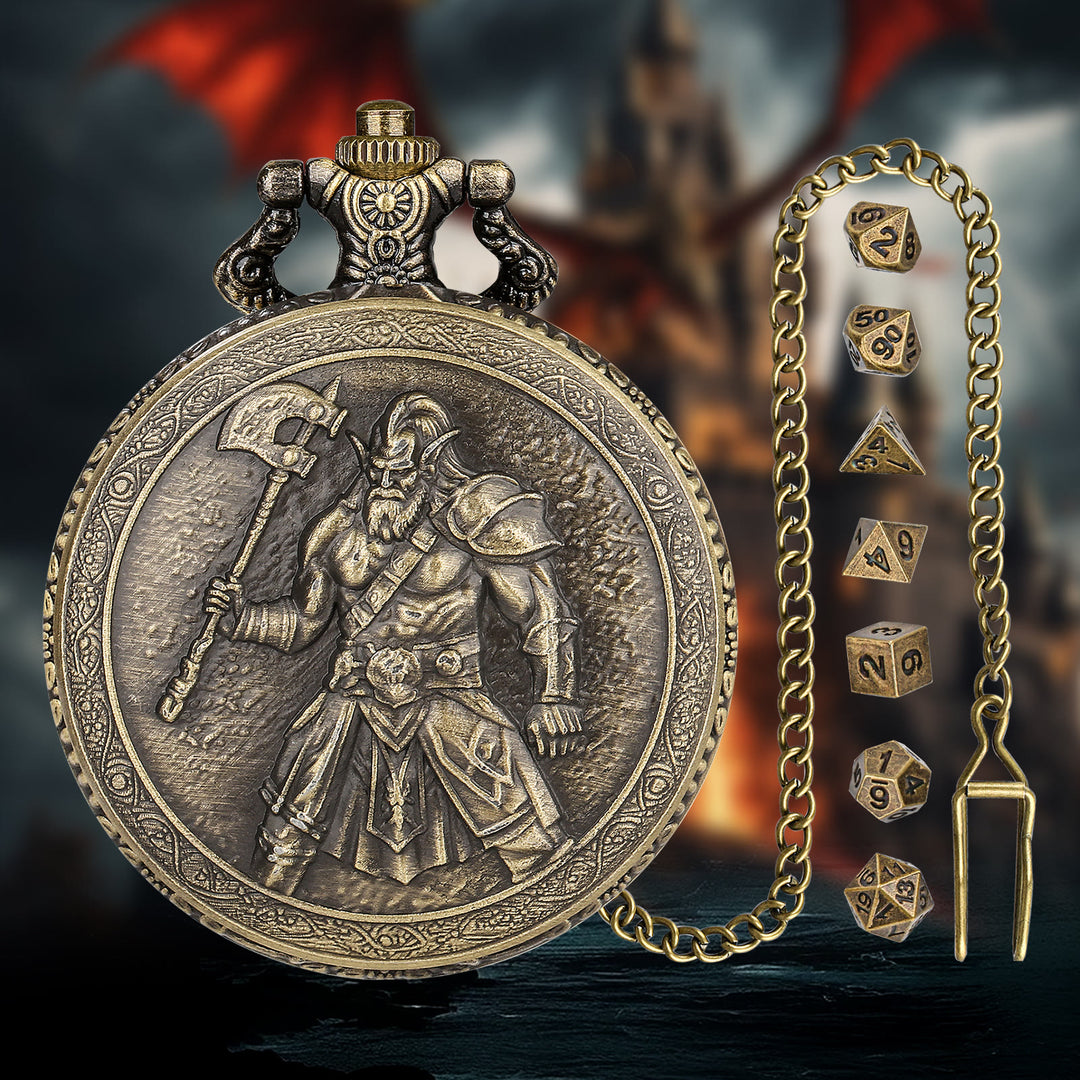 WorldNorse Viking Axe Barbarians Multi-sided Dice Set Waist Chain - Pocket Watch Box + Necklace + Dice - Gold - image 0