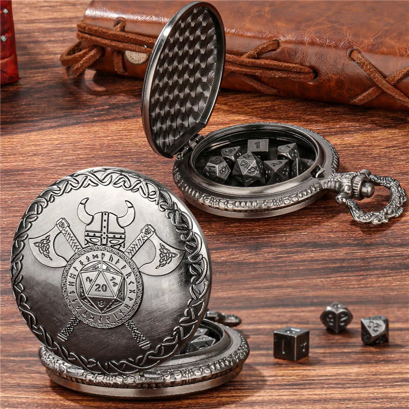 WorldNorse Viking Axe Helmet Rune Seven Dice Waist Chain - Pocket Watch Case + Chain + Dice - Silver - image 0